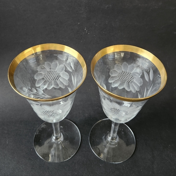 Set of 2 VTG 24K Gold Banded Etched Sun Flower Wine Glasses,  Crystal barware - Picture 9 of 11
